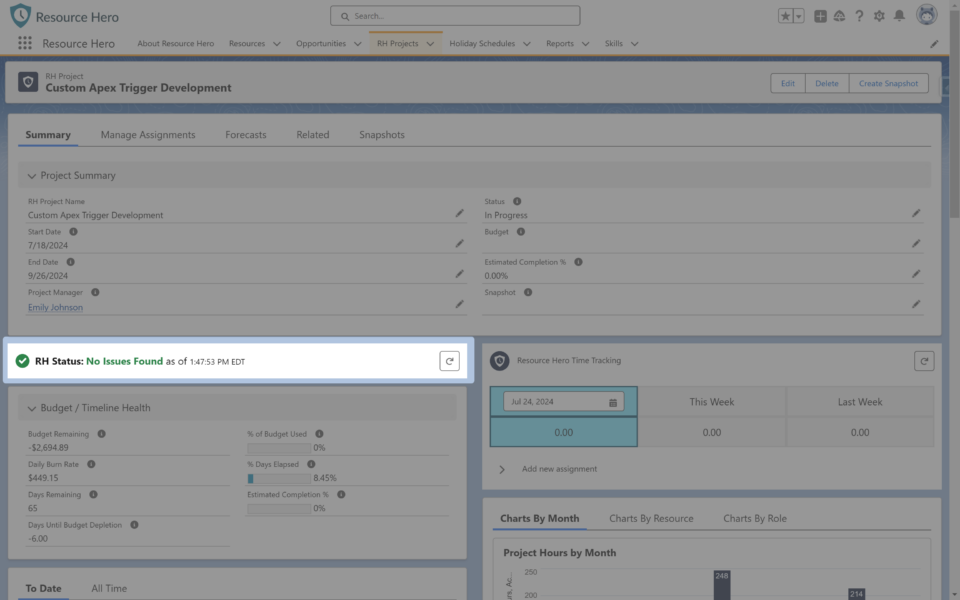 The RH Status component shown on an RH Project record's layout.